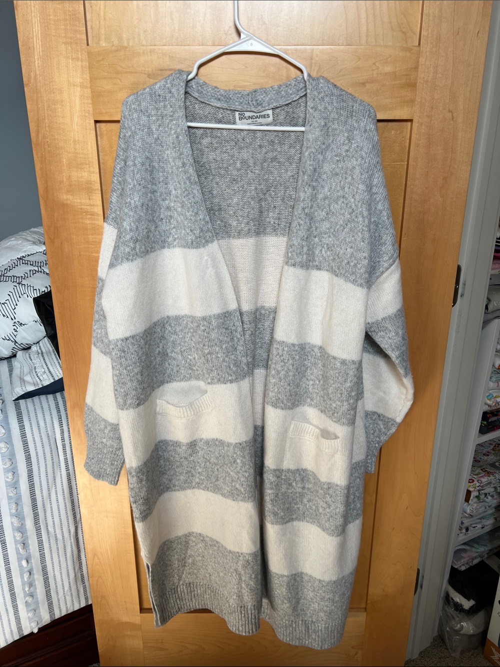 NWT No Boundaries Gray and Cream Striped Open Cardigan Sweater